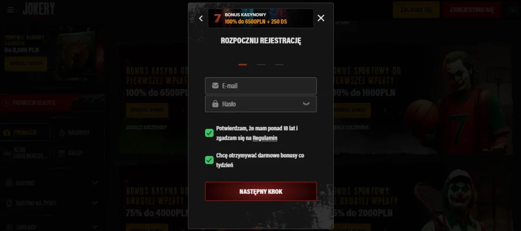 Formularz rejestracji i Jokery Casino login